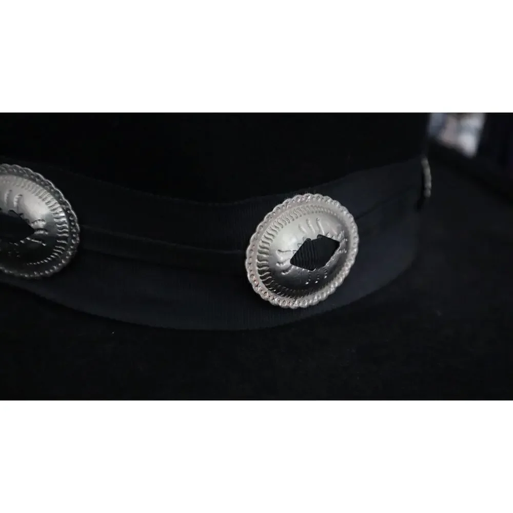 Vintage 70s Black Felt Western Hat Silver Conch Concho Band WOOL Boho Festival - Picture 5 of 6